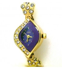 Diamond Shape Designer Dial Ladies Wrist Watch, Analog Display, Quartz Watch, American Diamond Crafted Chain, Gold and Purple Color 